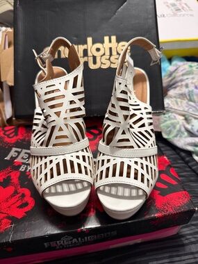 Charlotte Russe White Laser-Cut Peep Toe Slingback Heels